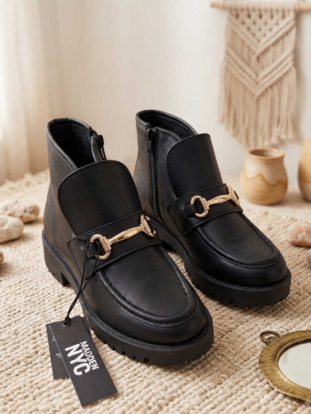 Madden NYC Women's Faux Suede Lug Sole Loafer Booties Black NWT